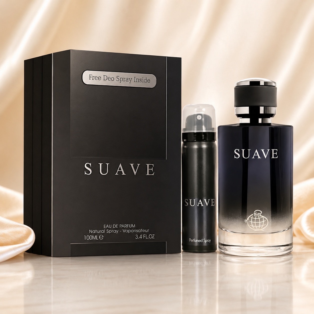 Set Fragrance World Suave Eau de Parfum 100 ml și deodorant 50 ml, parfum arabesc pentru bărbați