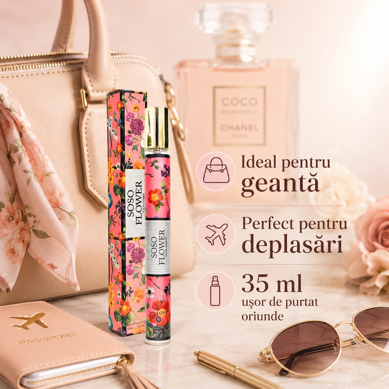 Soso Flower Pour Femme 35 ml ideal pentru geantă și deplasări parfum compact