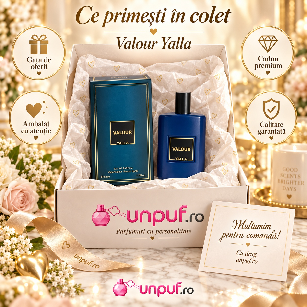 Ce primești în colet Valour Yalla parfum bărbătesc ambalat premium pentru cadou