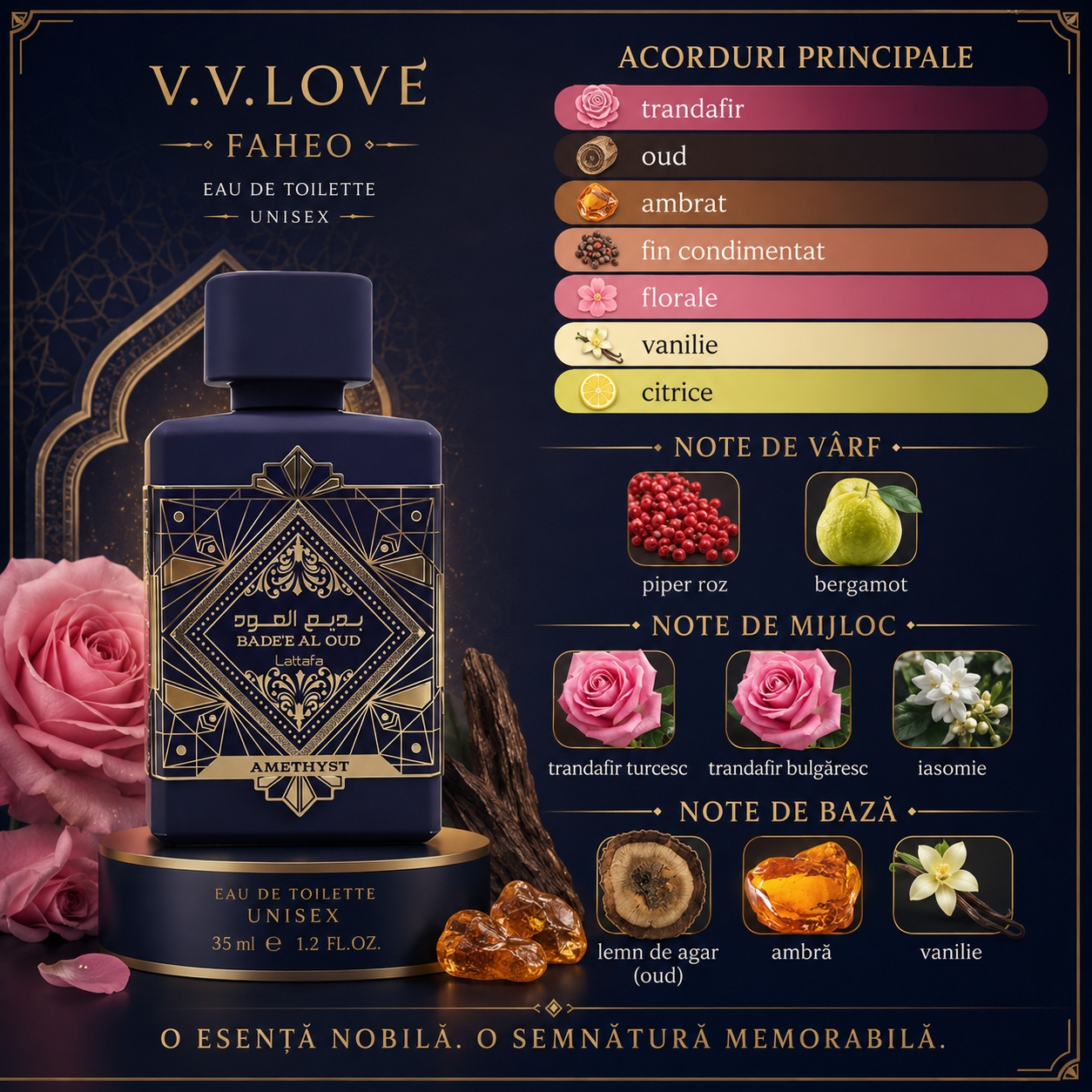Faheo V.V. Love 35 ml parfum unisex cu acorduri de trandafir oud ambră vanilie și citrice