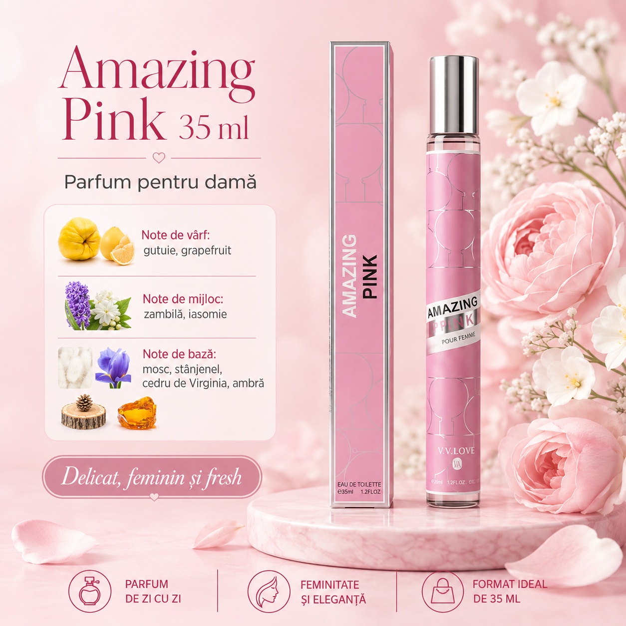 Amazing Pink 35 ml parfum pentru damă cu note de gutuie grapefruit zambilă iasomie mosc st&acirc;njenel cedru de Virginia și ambră
