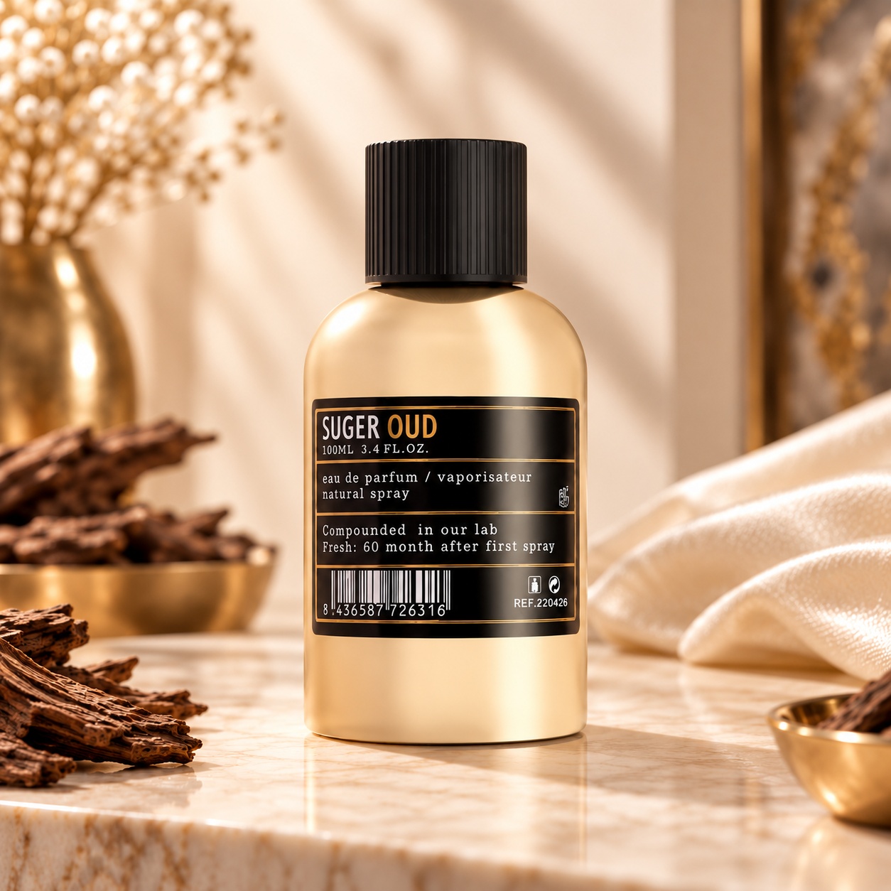 Flacon Aro-Fac Oud Suger parfum unisex 100 ml cu sticlă aurie și capac negru