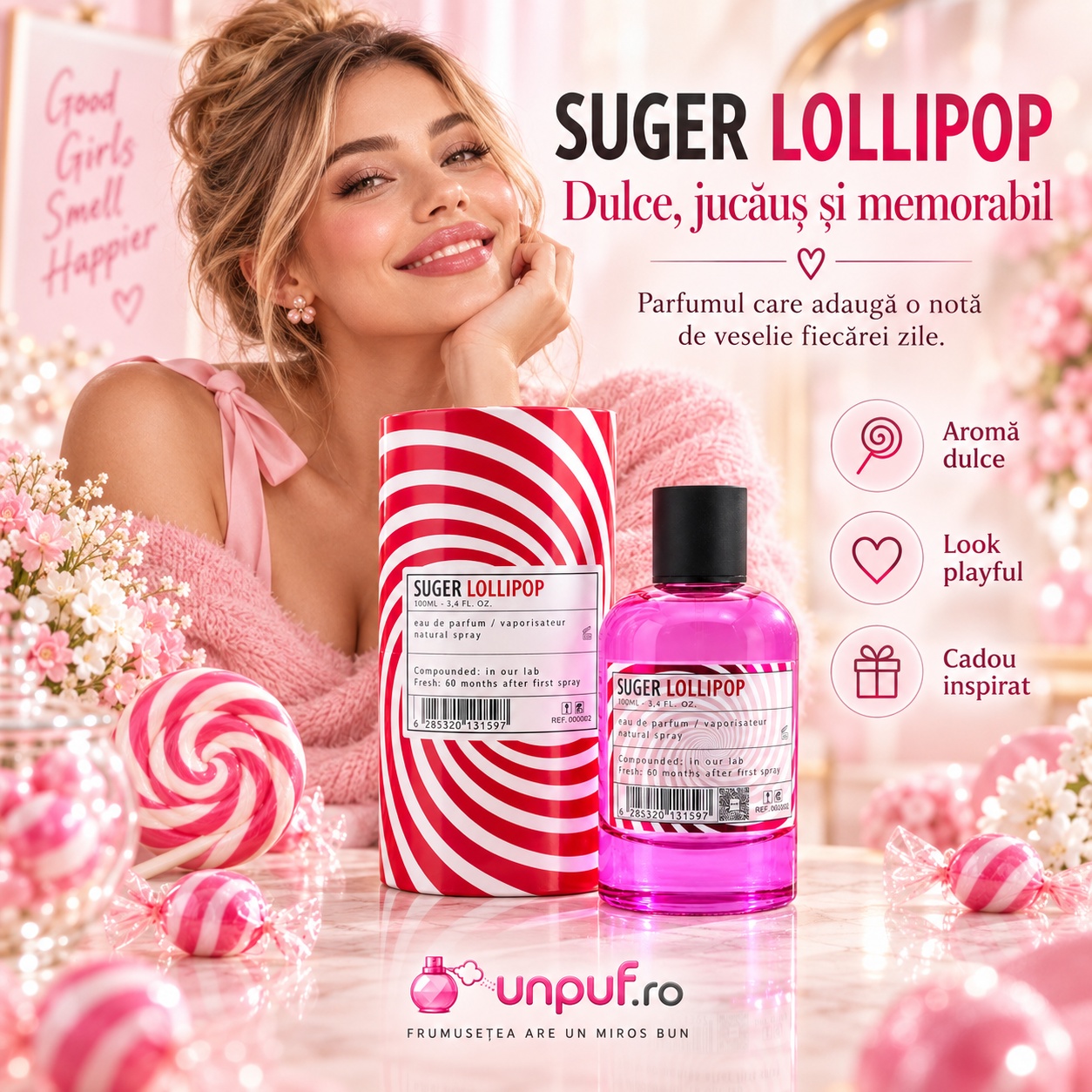 Aro-Fac Suger Lollipop parfum de damă dulce jucăuș și memorabil cu ambalaj roz alb roșu