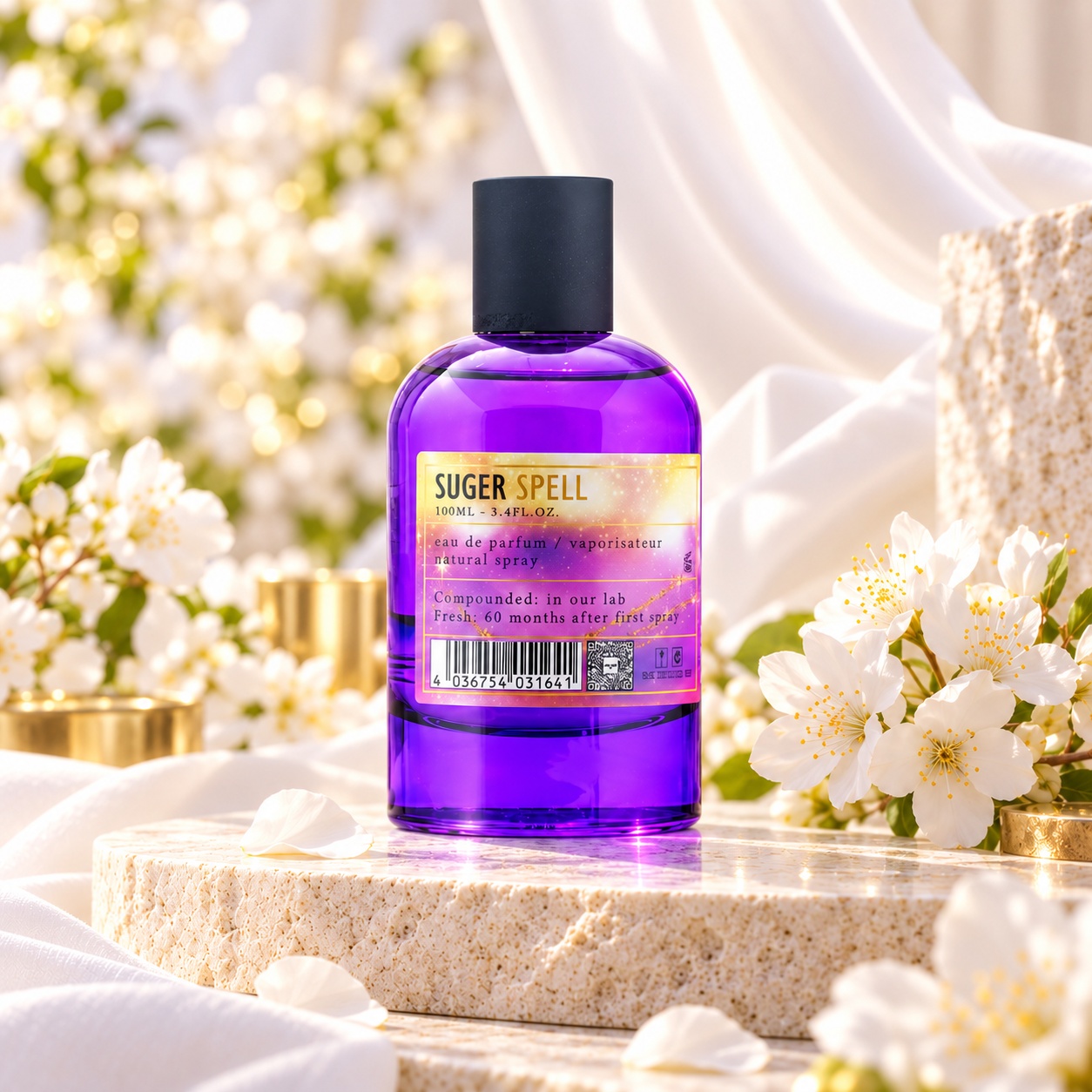 Flacon Suger Spell ARO-FAC parfum unisex 100 ml cu sticlă mov intens capac negru și etichetă modernă