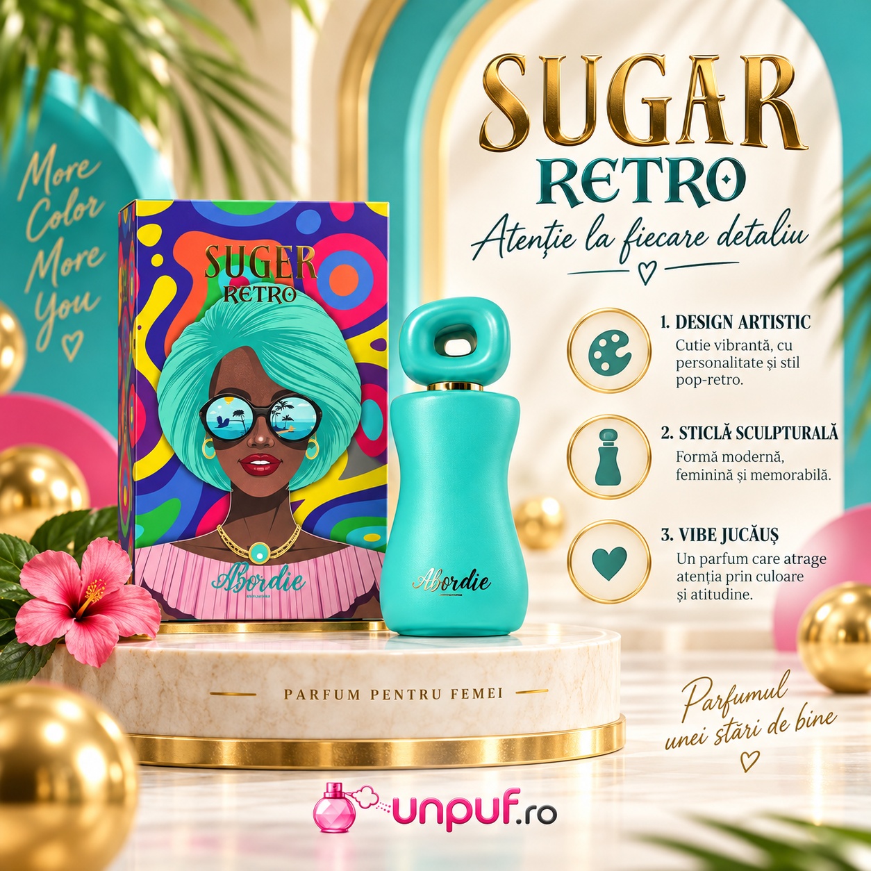 Prezentare Birdie Suger Retro Aro-Fac parfum de damă cu design artistic flacon turcoaz și cutie colorată