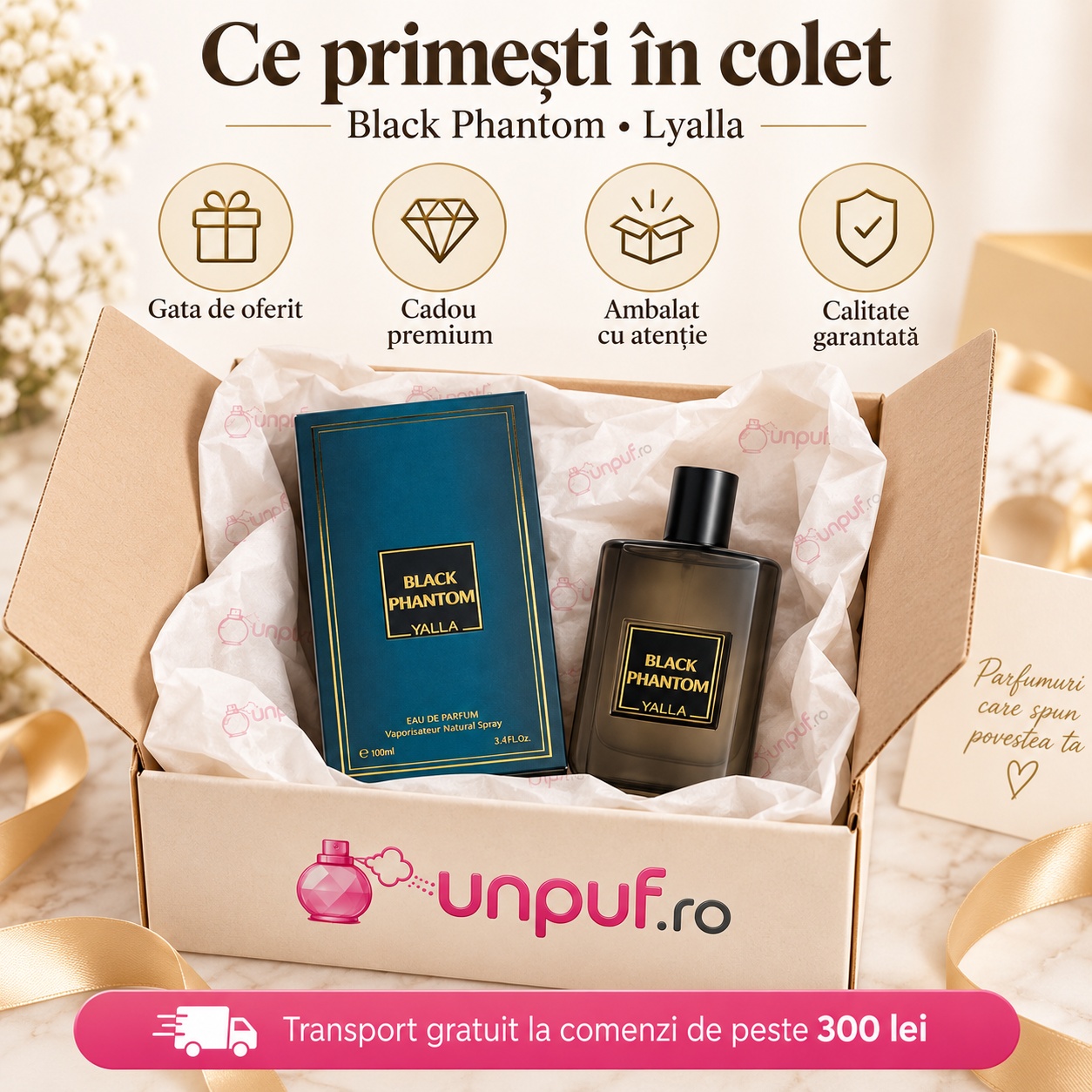 Ce primești în colet Black Phantom Yalla Eau de Parfum 50 ml parfum cu rom cafea caramel și ciocolată