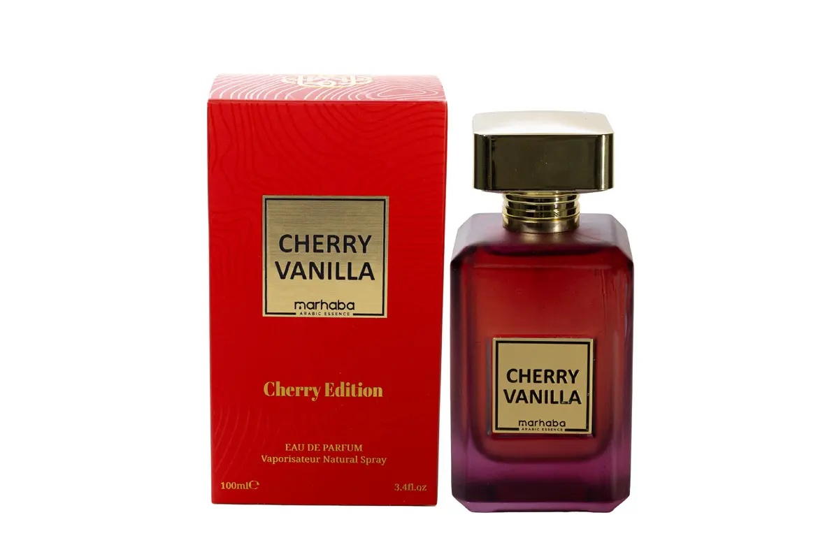 Cherry Vanilla Marhaba Eau de Parfum 100 ml cu flacon și cutie roșie pe fundal alb
