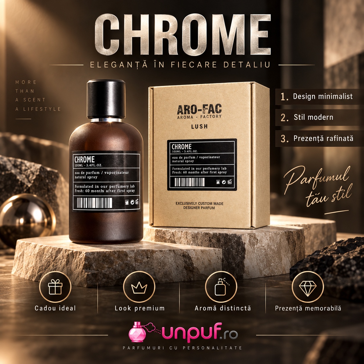 Prezentare Chrome Aro-Fac parfum unisex cu design minimalist look premium și aromă distinctă