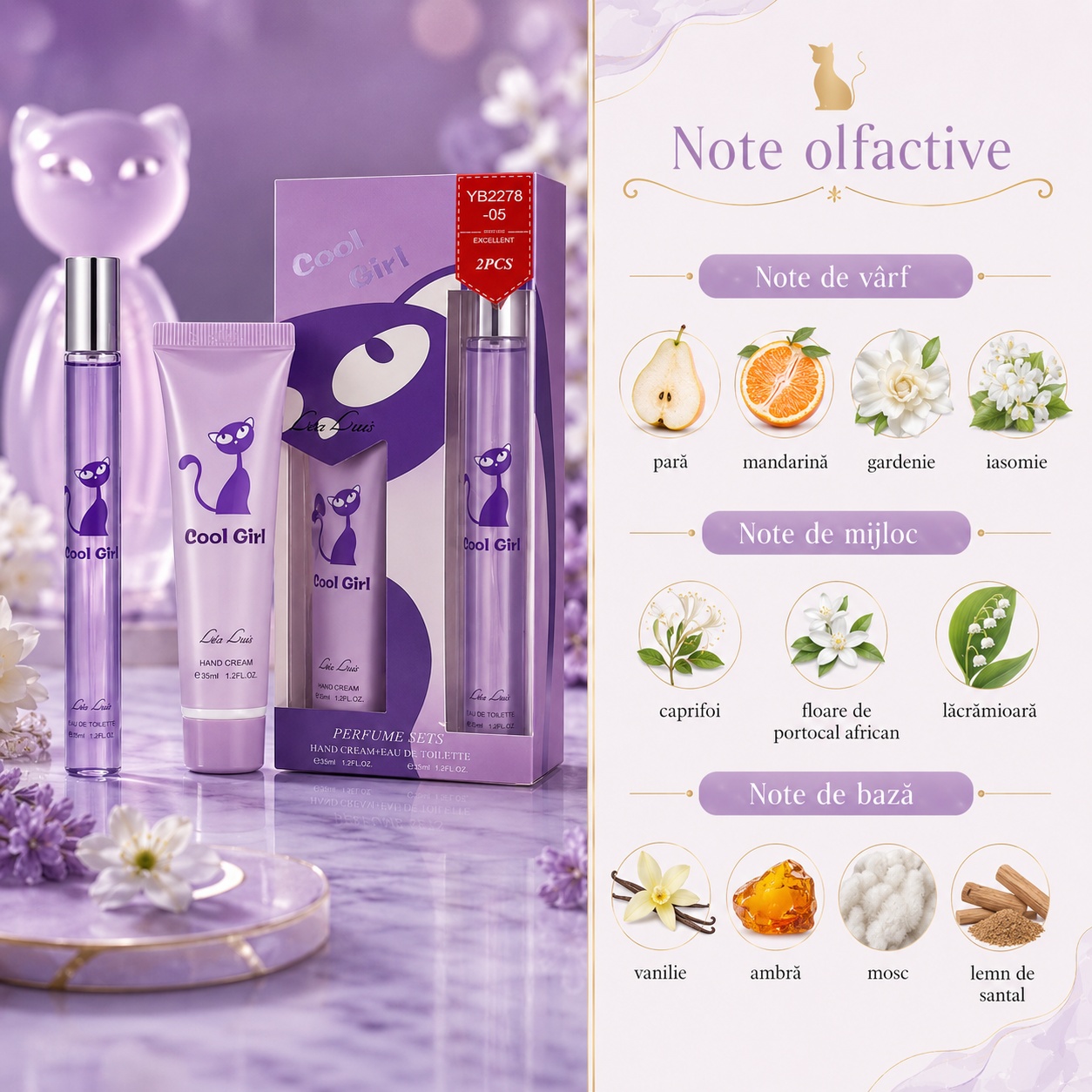 Note olfactive Cool Girl pară mandarină gardenie iasomie caprifoi floare de portocal lăcrămioară vanilie ambră mosc și lemn de santal