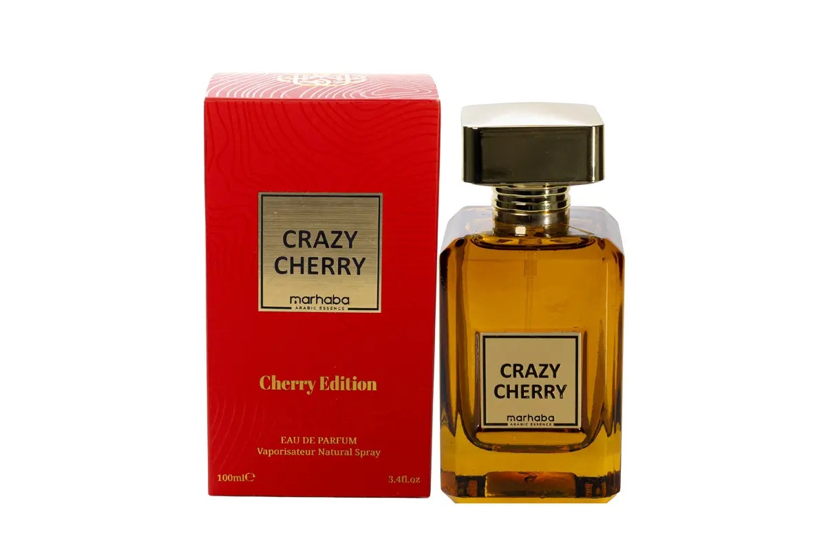 Crazy Cherry Marhaba Eau de Parfum 100 ml cu flacon și cutie pe fundal alb