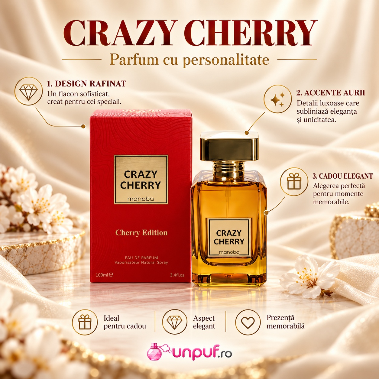 Prezentare Crazy Cherry Marhaba parfum unisex cu design rafinat accente aurii și idee de cadou elegant