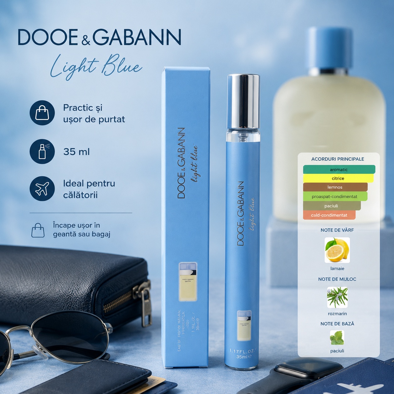 Dooe & Gabann Light Blue 35 ml practic și ușor de purtat, parfum compact pentru bărbați