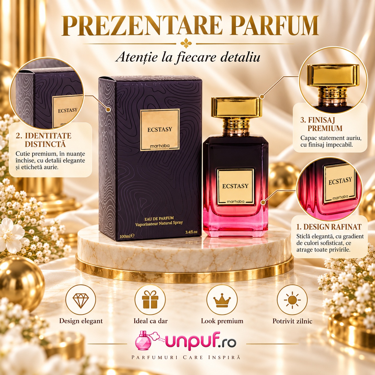 Prezentare parfum Ecstasy Marhaba 100 ml cu detalii de design premium note verzi cafea tabac tămâie și oud