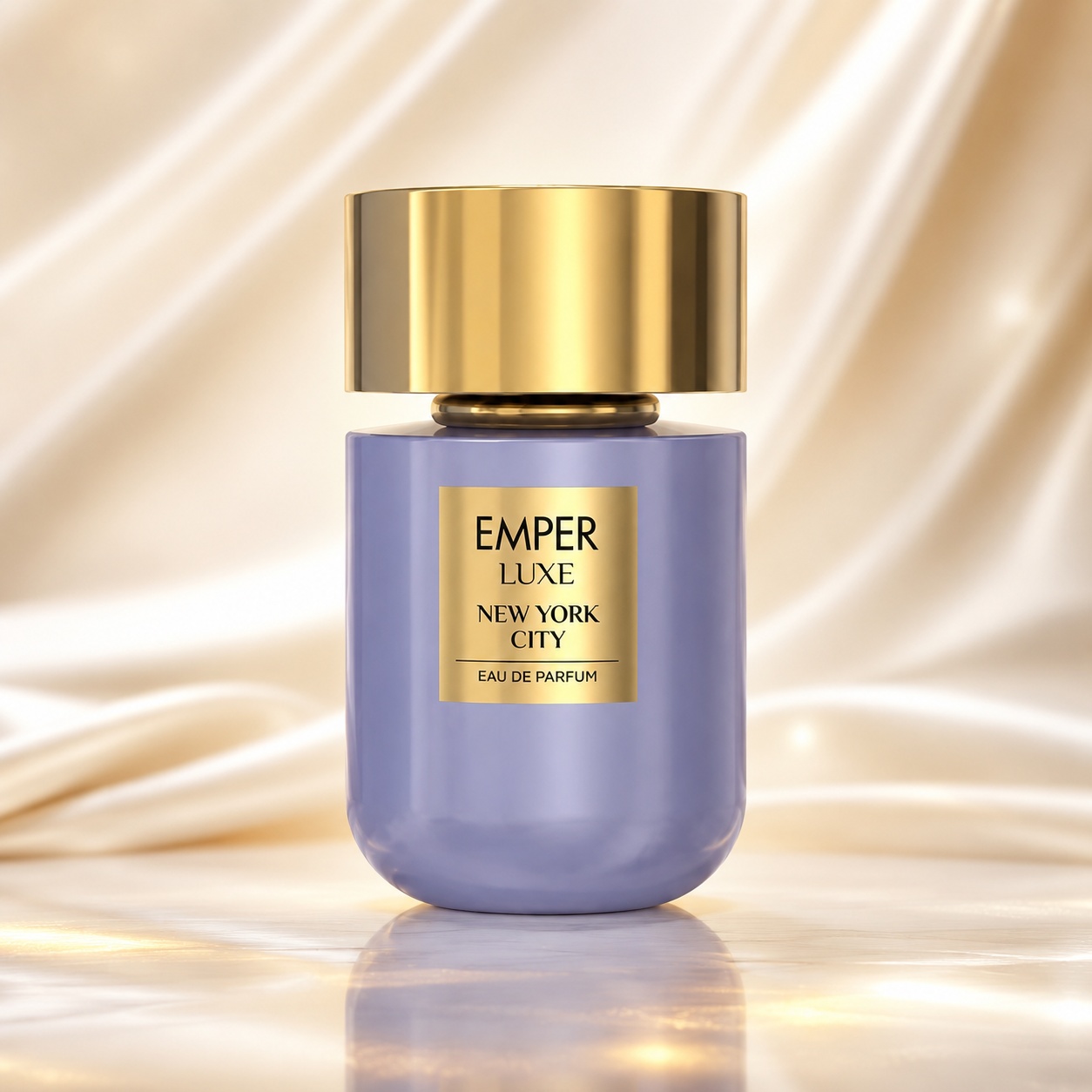 Sticlă parfum Emper Luxe New York City 100 ml mov cu capac auriu pe fundal satinat premium