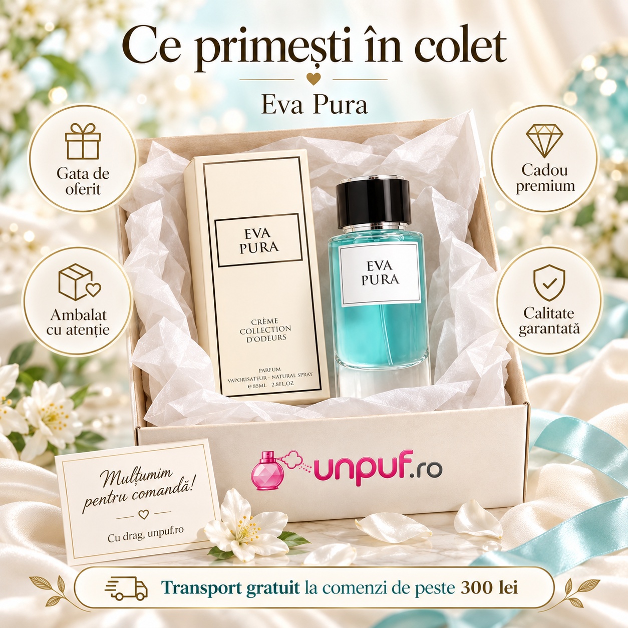 Ce primești în colet Eva Pura AMD Perfumes Eau de Parfum 85 ml ambalat premium pentru cadou