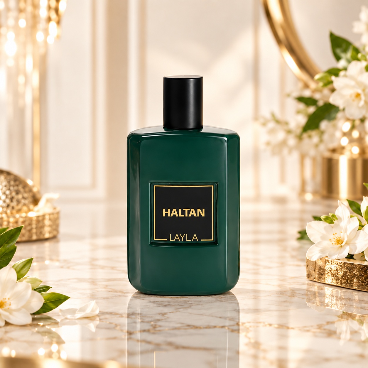 Flacon Haltan Yalla parfum bărbătesc 50 ml cu sticlă verde și etichetă neagră aurie