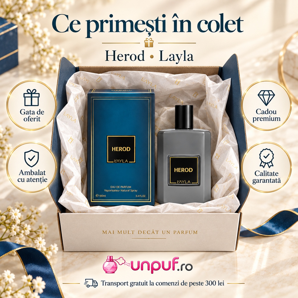 Ce primești în colet Herod Yalla Eau de Parfum 50 ml parfum bărbătesc ambalat premium pentru cadou
