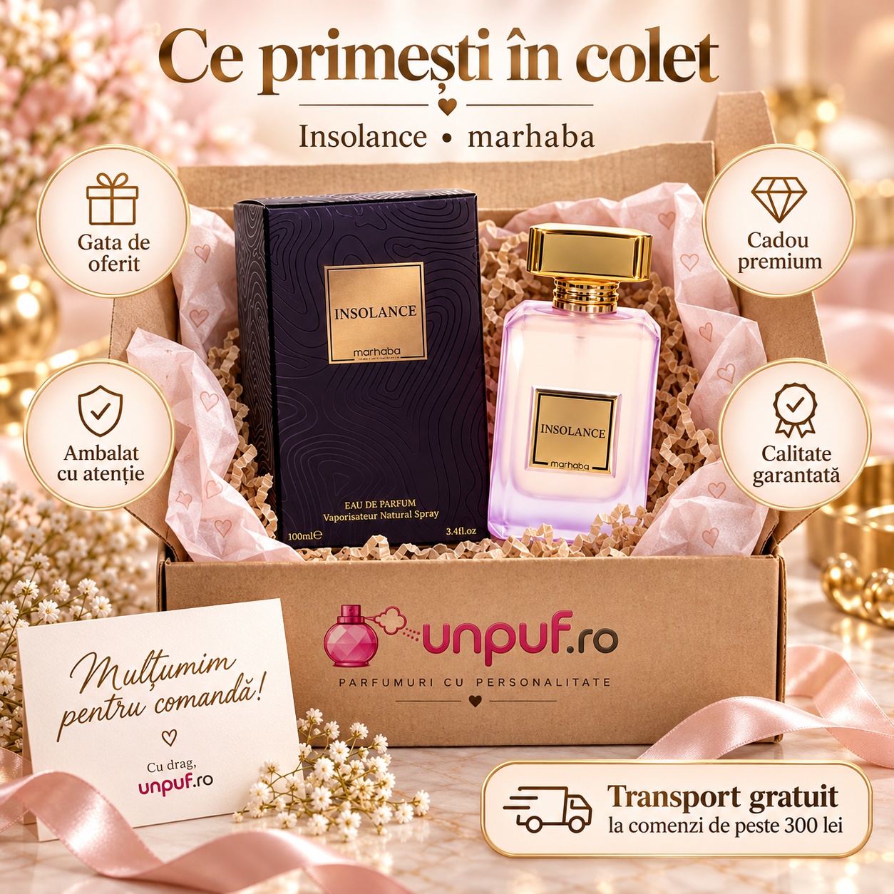 Ce primești în colet Insolance Marhaba Eau de Parfum 100 ml ambalat premium pentru cadou de damă