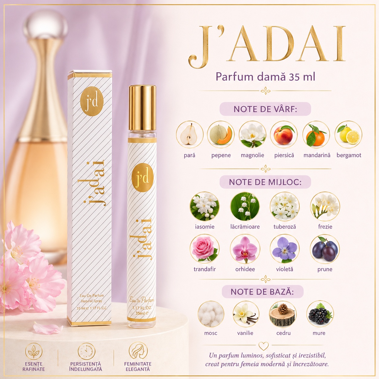 Note olfactive J'Adai 35 ml pară pepene magnolie piersică mandarină bergamotă iasomie trandafir vanilie mosc cedru și mure