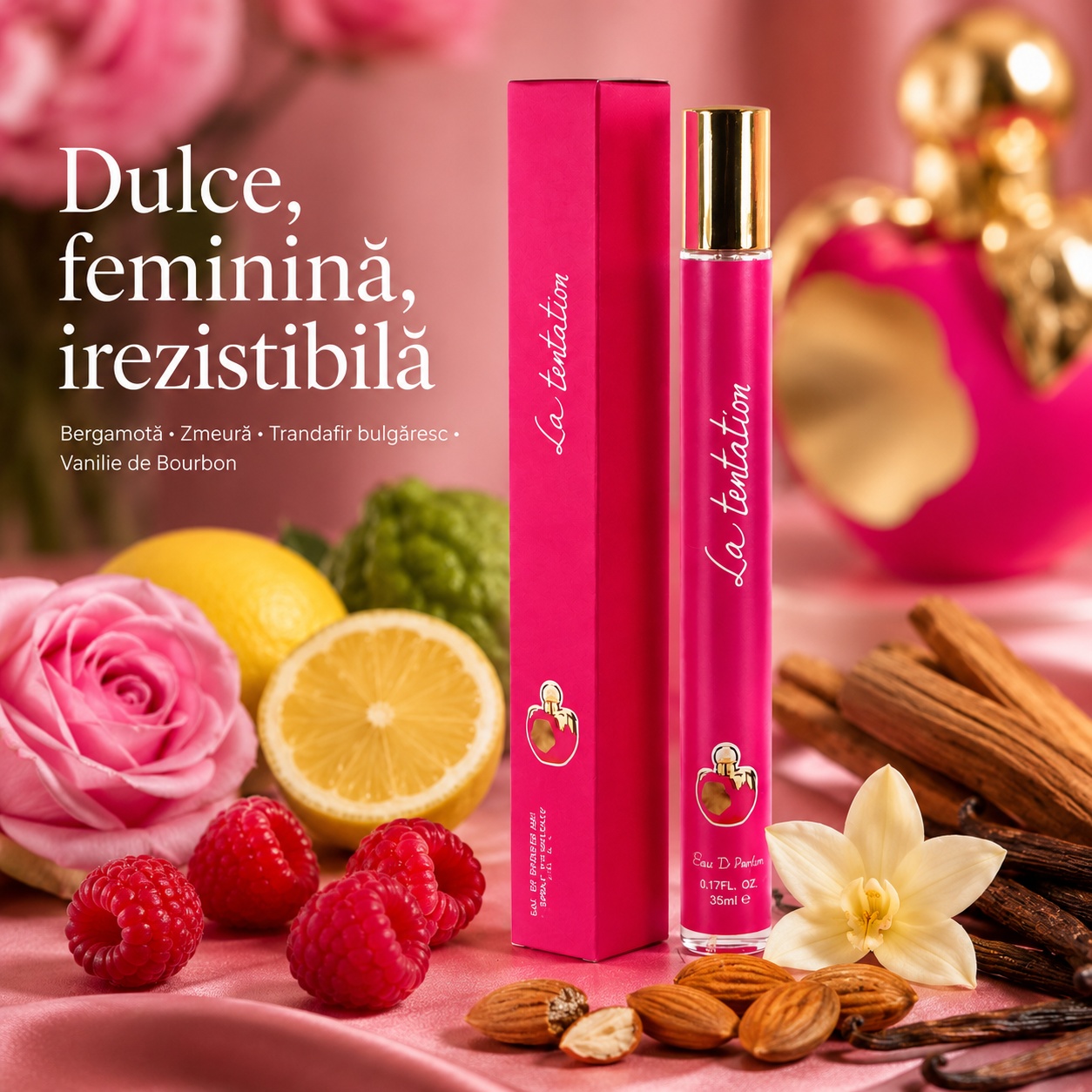 La Tentation 35 ml dulce feminin irezistibil cu bergamotă zmeură trandafir bulgăresc și vanilie de Bourbon