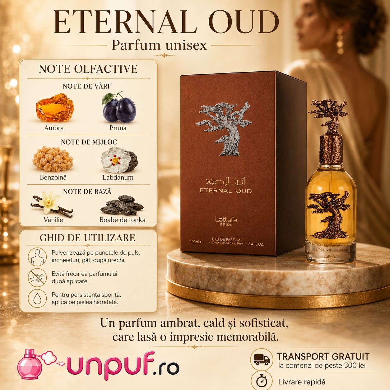Lattafa Eternal Oud parfum unisex cu note de prună benzoin labdanum vanilie boabe de tonka și accente ambrate