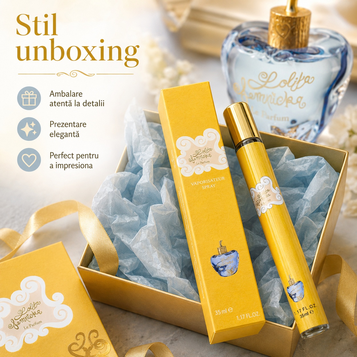 Stil unboxing Lulita Lampicke 35 ml ambalare atentă la detalii prezentare elegantă și feminină