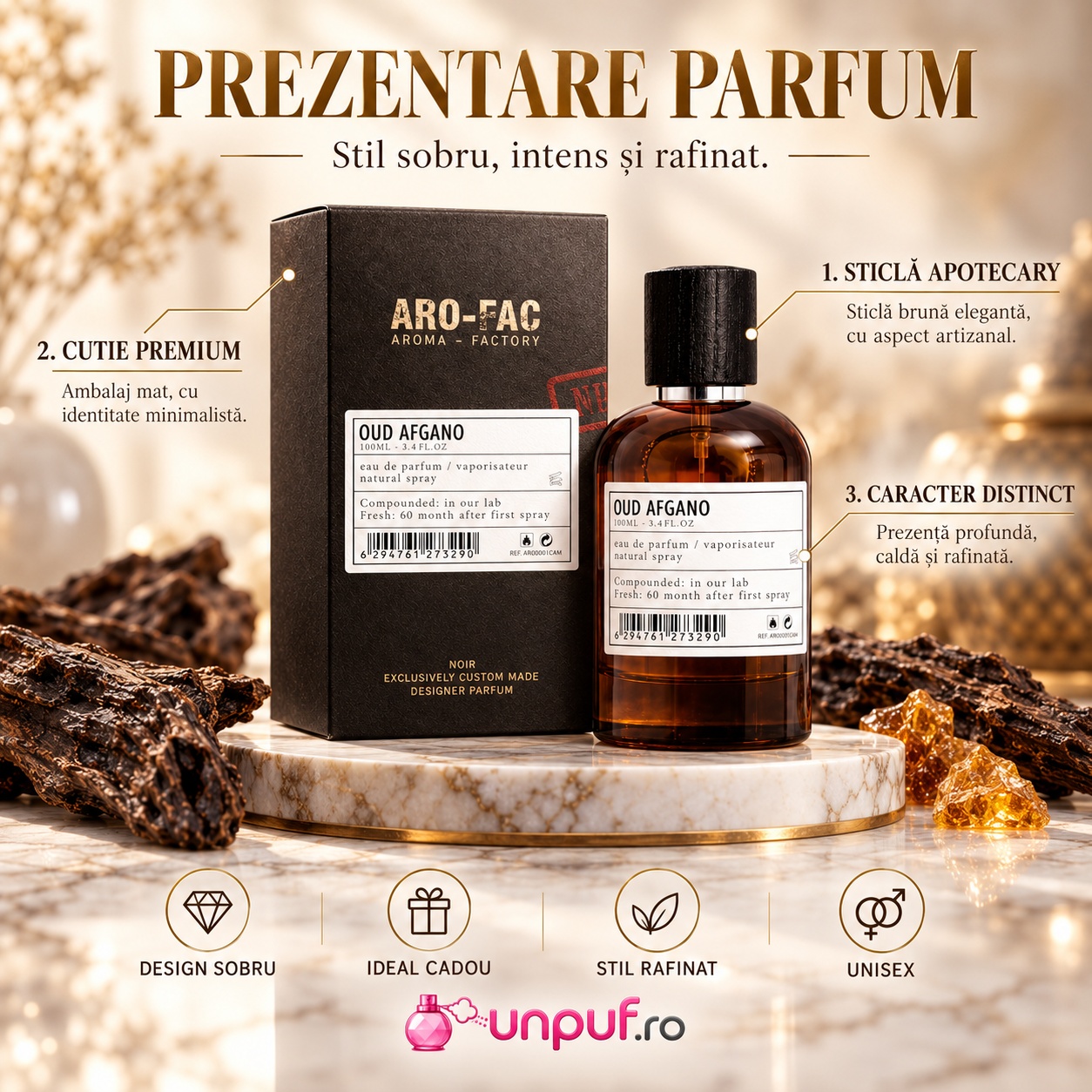 Prezentare parfum Oud Afgano Aro-Fac 100 ml cu detalii despre sticlă cutie și stil rafinat