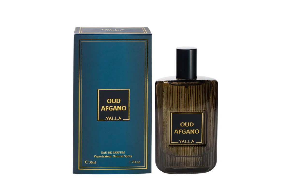 Oud Afgano Yalla Eau de Parfum 50 ml cu sticlă și cutie pe fundal alb