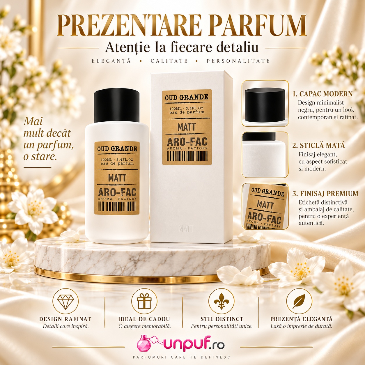 Prezentare parfum Oud Grande Aro-Fac 100 ml cu detalii despre flacon capac etichetă și design premium