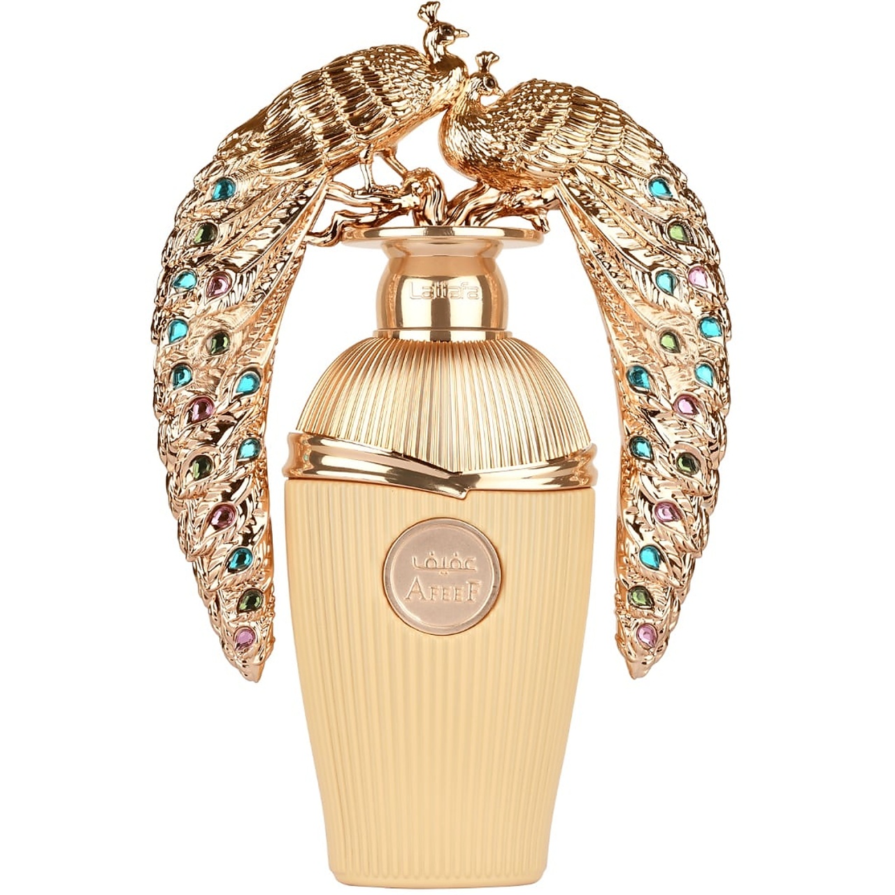 Flacon original Lattafa Afeef 100 ml apă de parfum unisex cu capac auriu în formă de păuni ornamentali