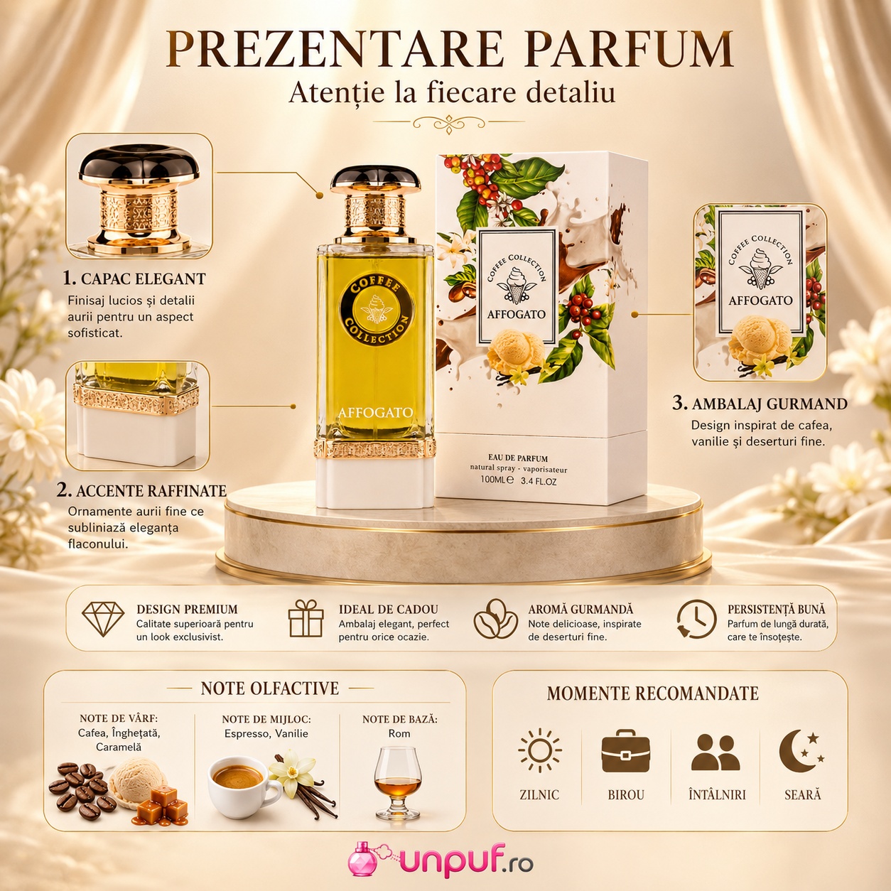 Prezentare parfum Affogato cu note olfactive cafea, &icirc;nghețată, caramel, espresso, vanilie și rom, ambalaj gurmand și design premium