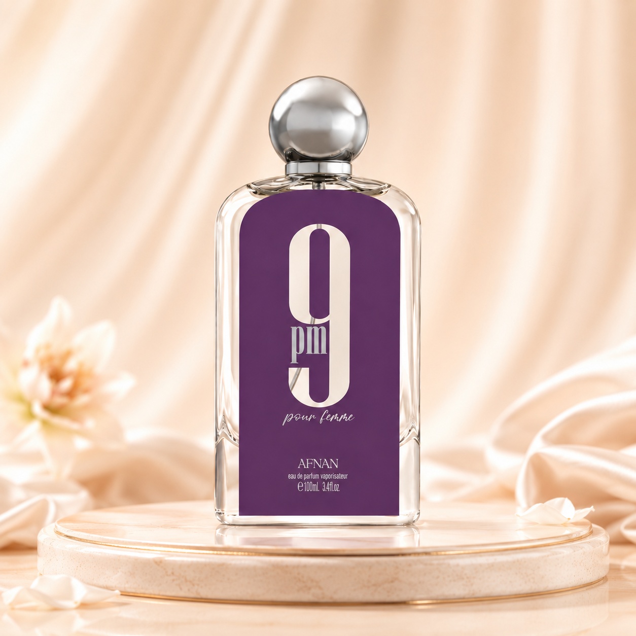 Sticlă parfum Afnan 9 PM Pour Femme 100 ml cu etichetă violet și capac argintiu elegant