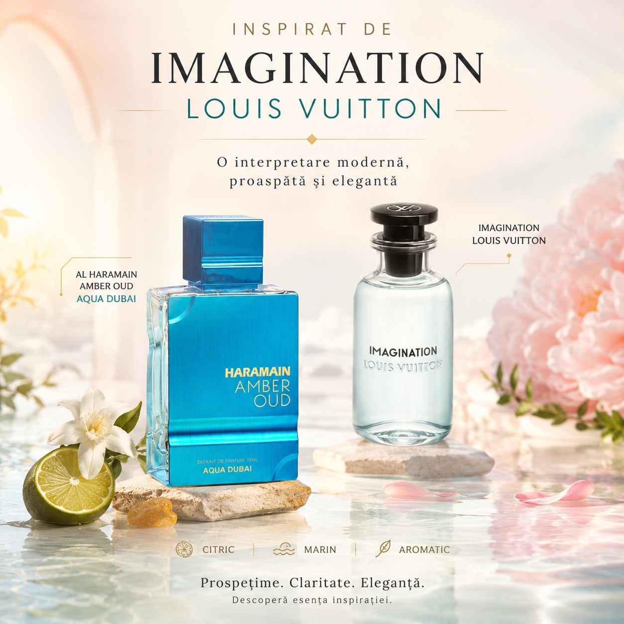 Al Haramain Amber Oud Aqua Dubai inspirat din Imagination Louis Vuitton, parfum citric, marin și aromatic