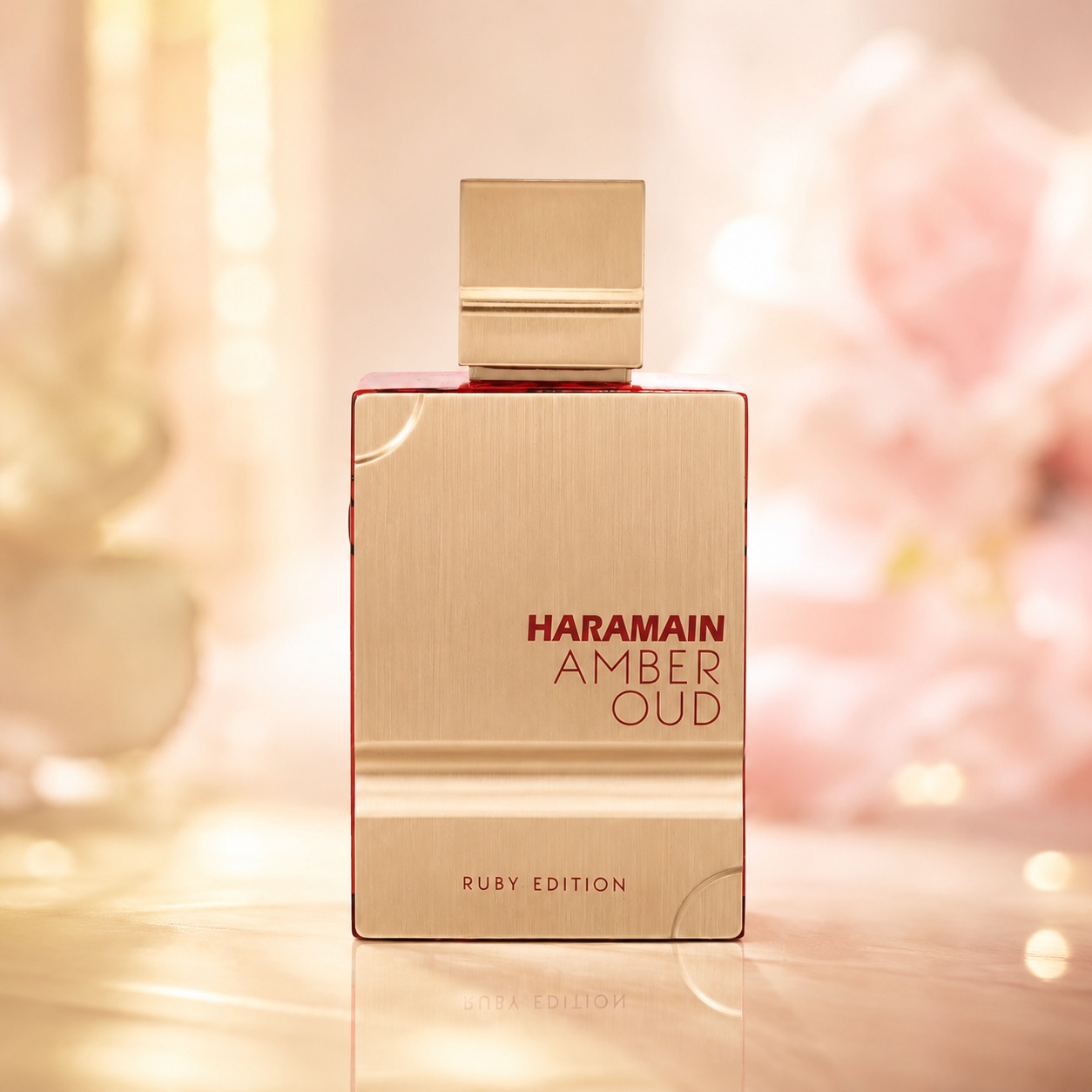 Sticlă Al Haramain Amber Oud Ruby Edition, parfum unisex oriental migdalat cu design auriu și accente rubinii