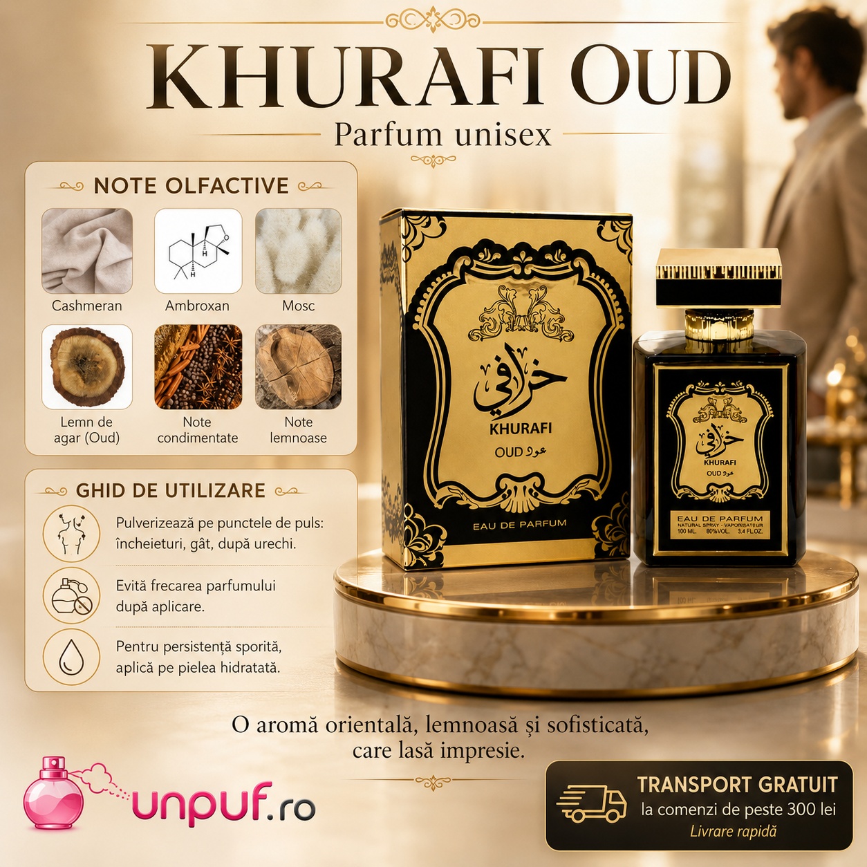 Al Raheeb Khurafi Oud parfum unisex cu note de cashmeran, ambroxan, mosc, lemn de agar oud, note condimentate și note lemnoase