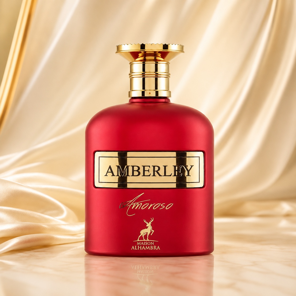Sticlă Parfum Alhambra Amberley Amoroso Maison Alhambra 100 ml pe fundal premium auriu