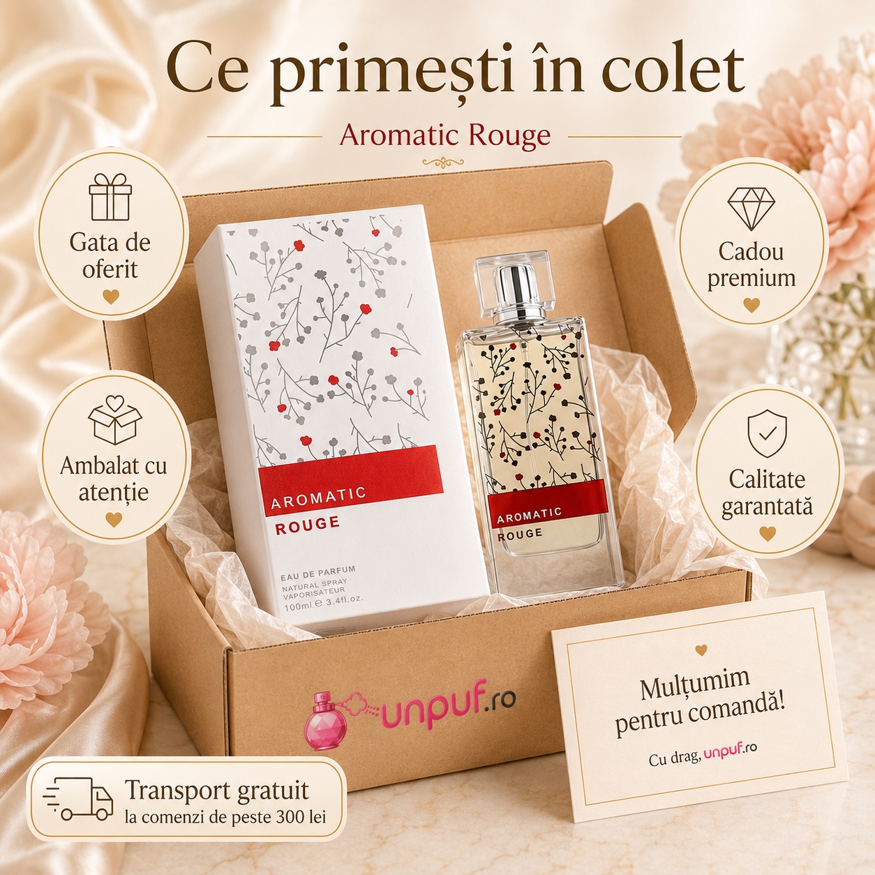 Ce primești în colet Parfum Alhambra Aromatic Rouge Maison Alhambra 100 ml ambalat cu atenție