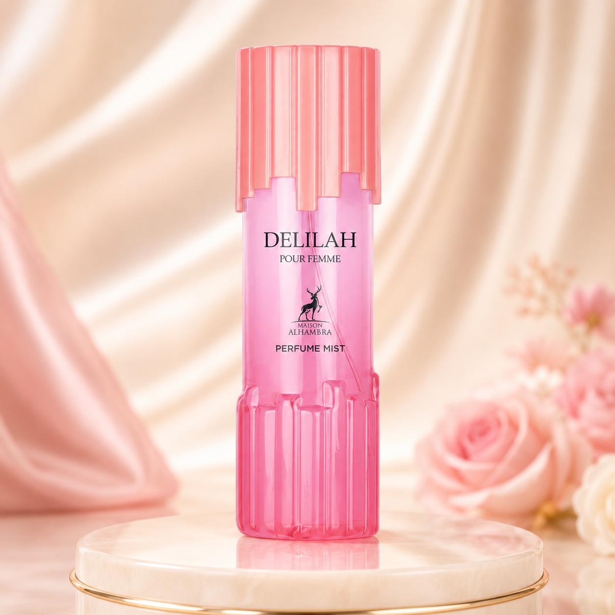 Alhambra Delilah Pour Femme Body Mist 250ml, spray parfumat de damă roz cu design elegant și feminin