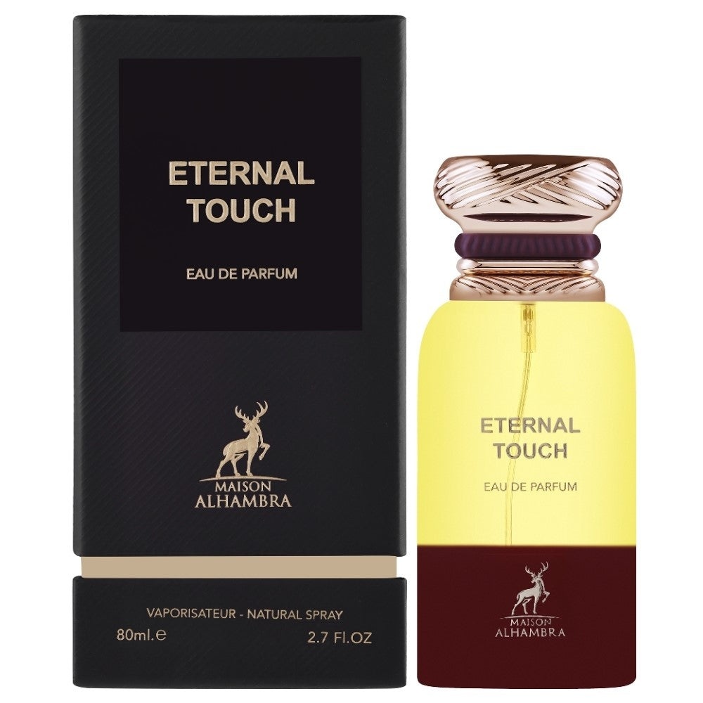 Parfum Alhambra Eternal Touch Maison Alhambra 80 ml sticlă și cutie pe fundal alb