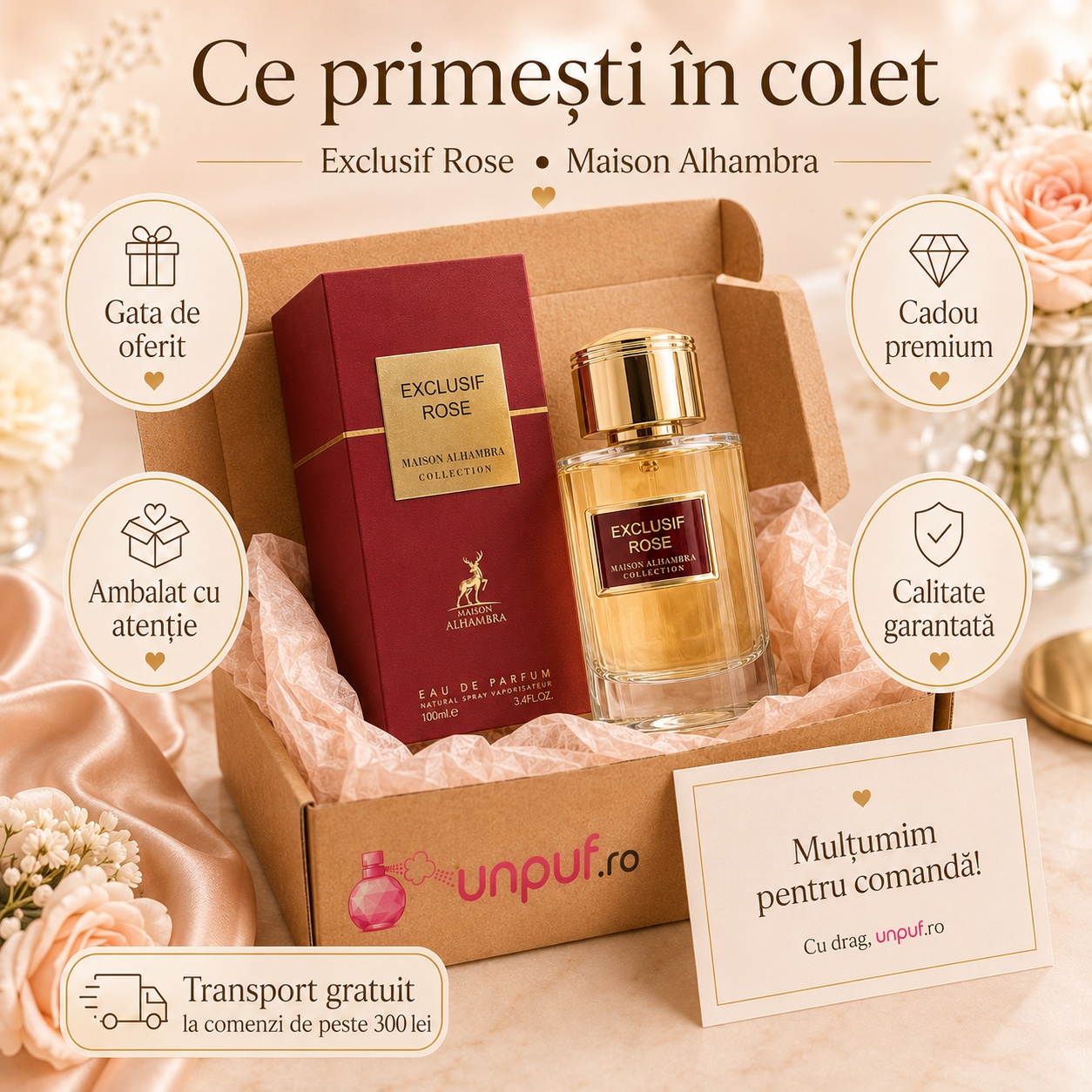 Ce primești &icirc;n colet Parfum Alhambra Exclusif Rose Maison Alhambra 100 ml ambalat cu atenție