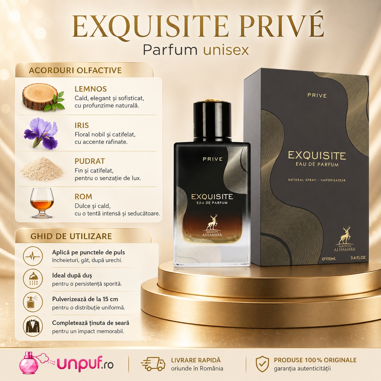 Alhambra Exquisite Prive note olfactive lemnos iris pudrat rom ambră mosc vanilie
