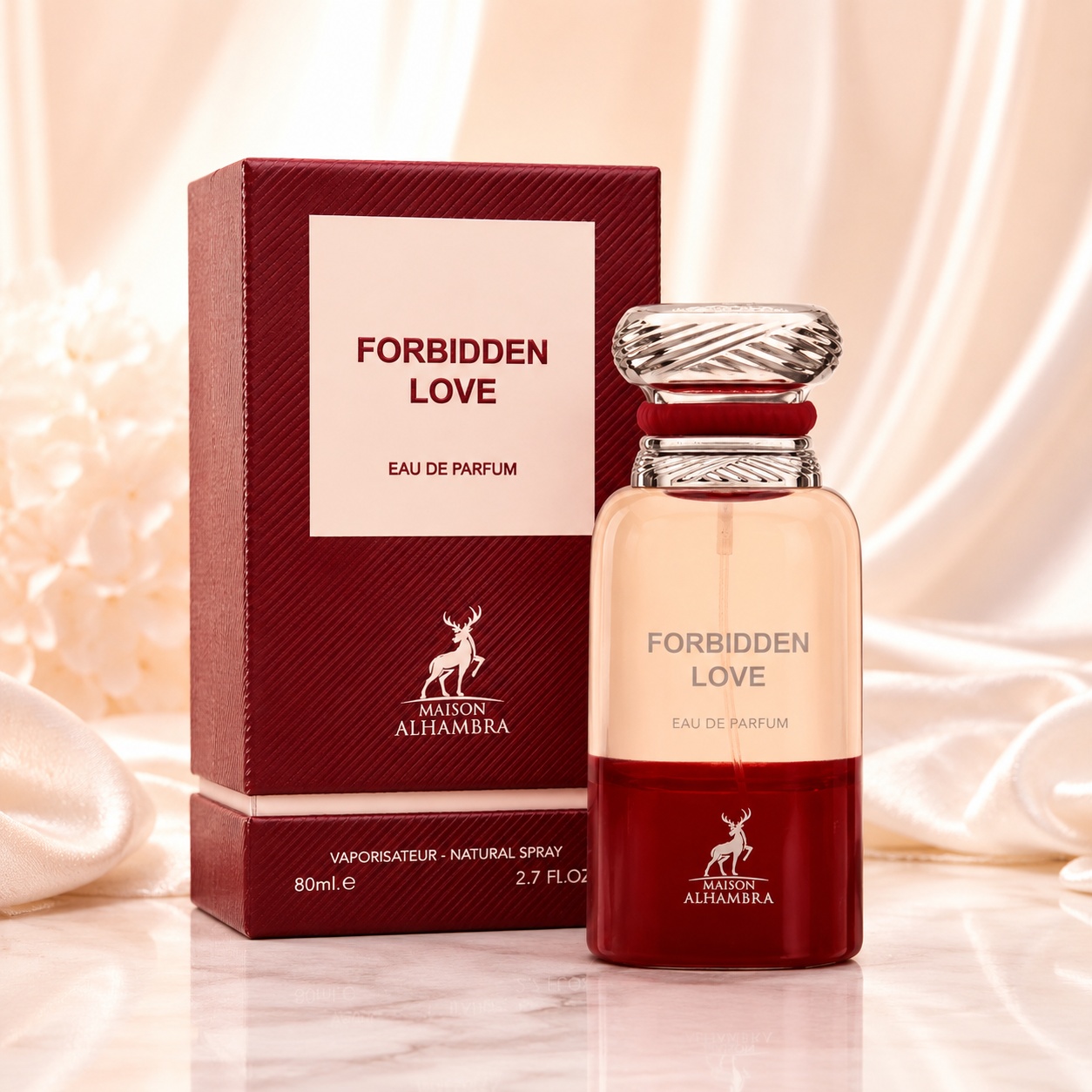 Parfum Arăbesc Alhambra Forbidden Love Maison Alhambra 80 ml cu sticlă și cutie bordo premium