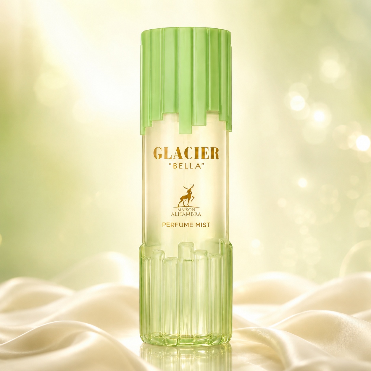 Flacon Alhambra Glacier Bella Body Mist 250ml, spray parfumat feminin cu design verde luminos și finisaj elegant