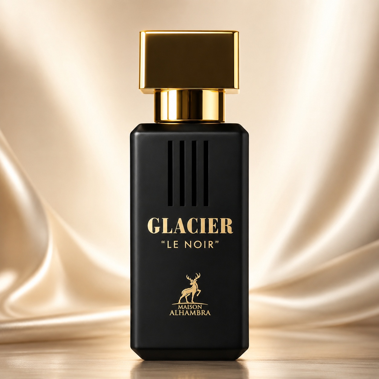 Sticlă parfum Alhambra Glacier Le Noir Maison Alhambra 30 ml pe fundal premium luminos
