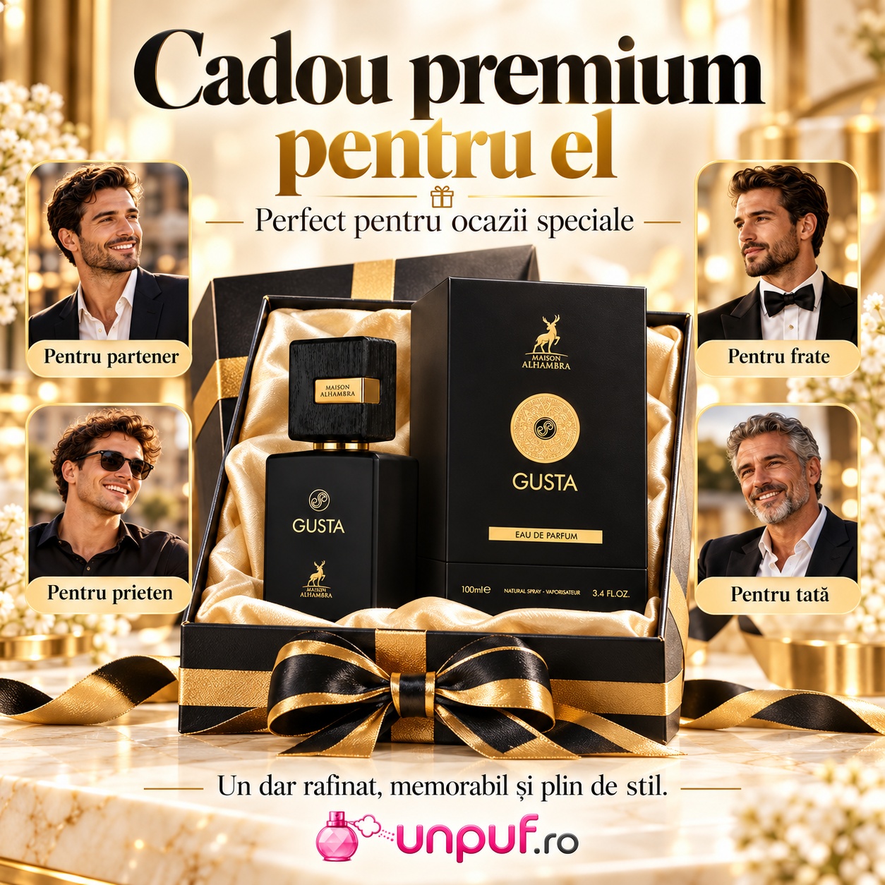Alhambra Gusta cadou premium pentru el cu flacon negru cutie elegantă și prezentare rafinată