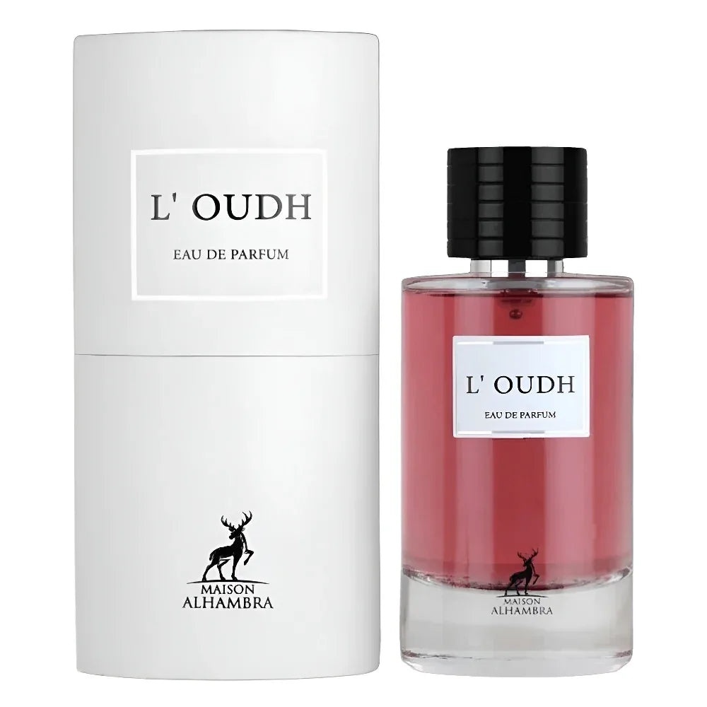 Parfum Alhambra L&rsquo;Oudh Maison Alhambra 100 ml sticlă și cutie pe fundal alb