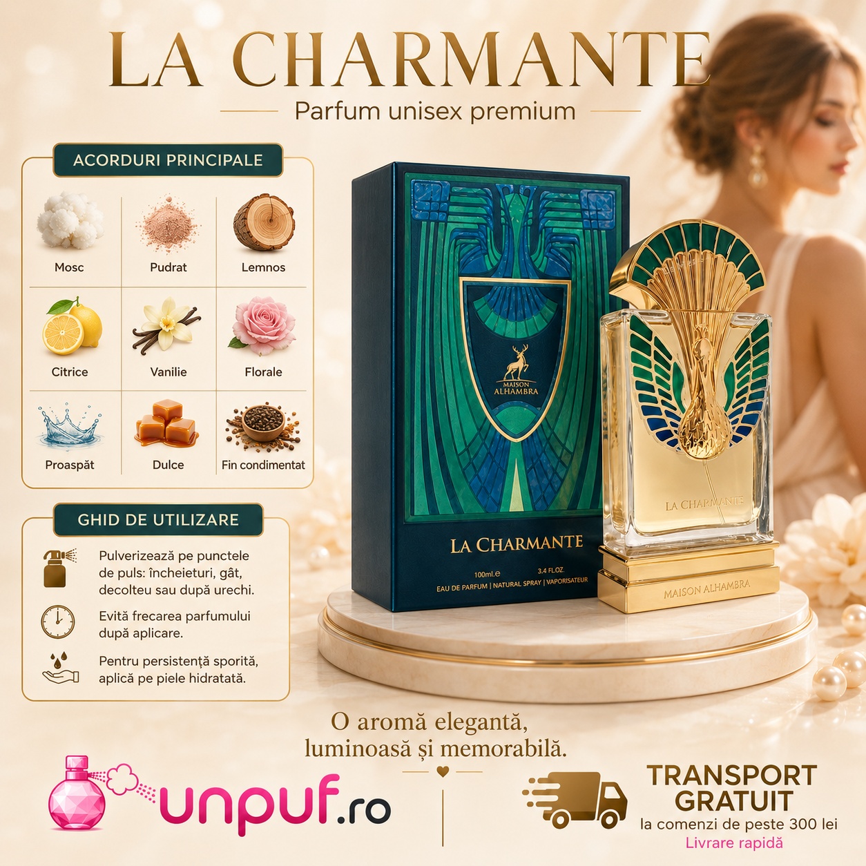 Note olfactive și ghid de utilizare Alhambra La Charmante 100 ml cu acorduri principale florale, citrice, pudrate și moscat-vanilate