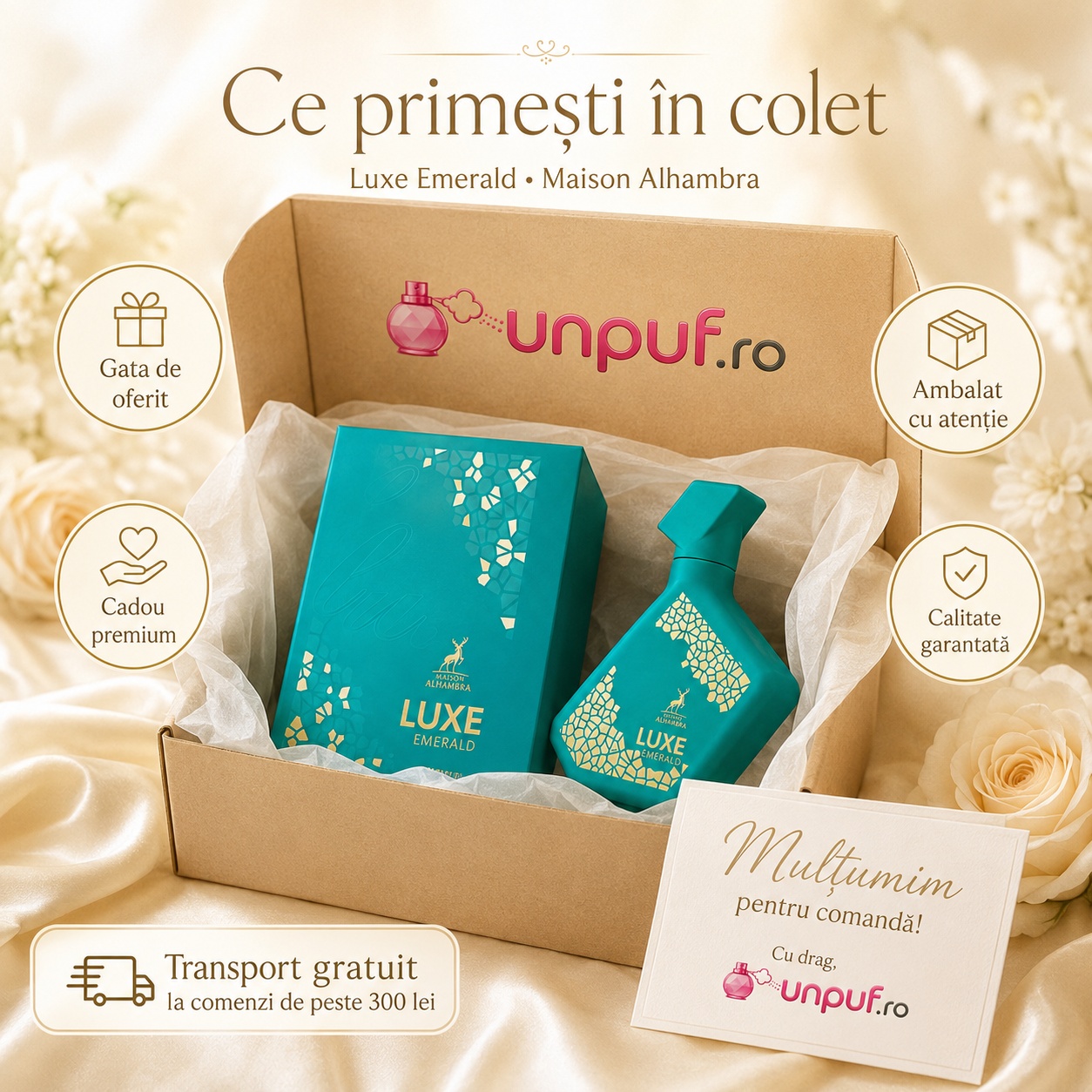Ce primești &icirc;n colet Parfum Alhambra Luxe Emerald Maison Alhambra 100 ml ambalat cu atenție