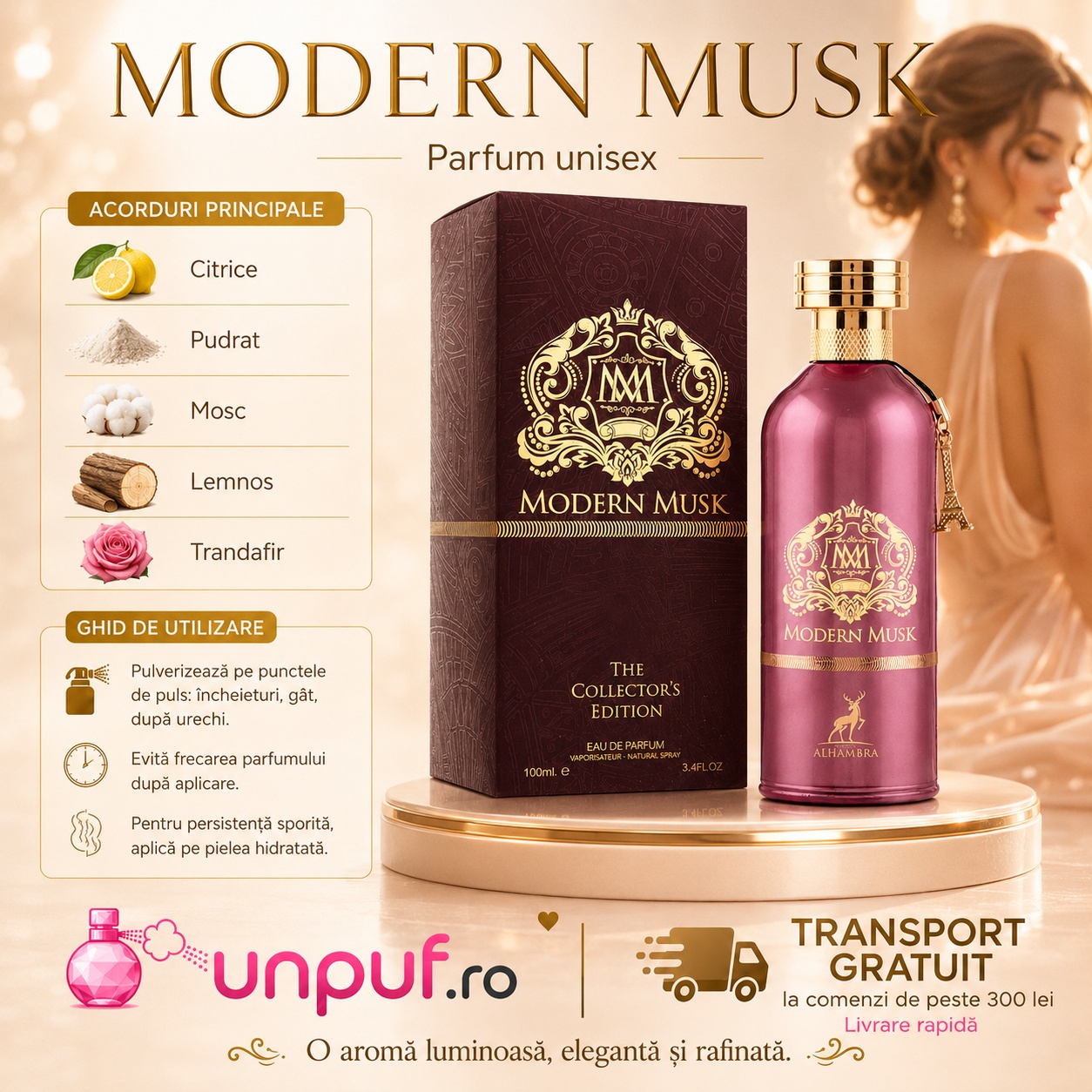 Alhambra Modern Musk note principale citrice pudrat mosc lemnos trandafir și ghid de utilizare