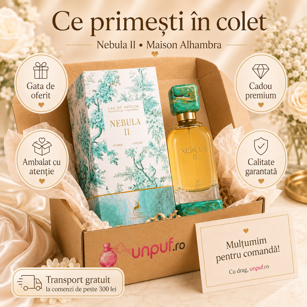 Ce primești &icirc;n colet Parfum Alhambra Nebula II Maison Alhambra 100 ml ambalat cu atenție pentru cadou premium